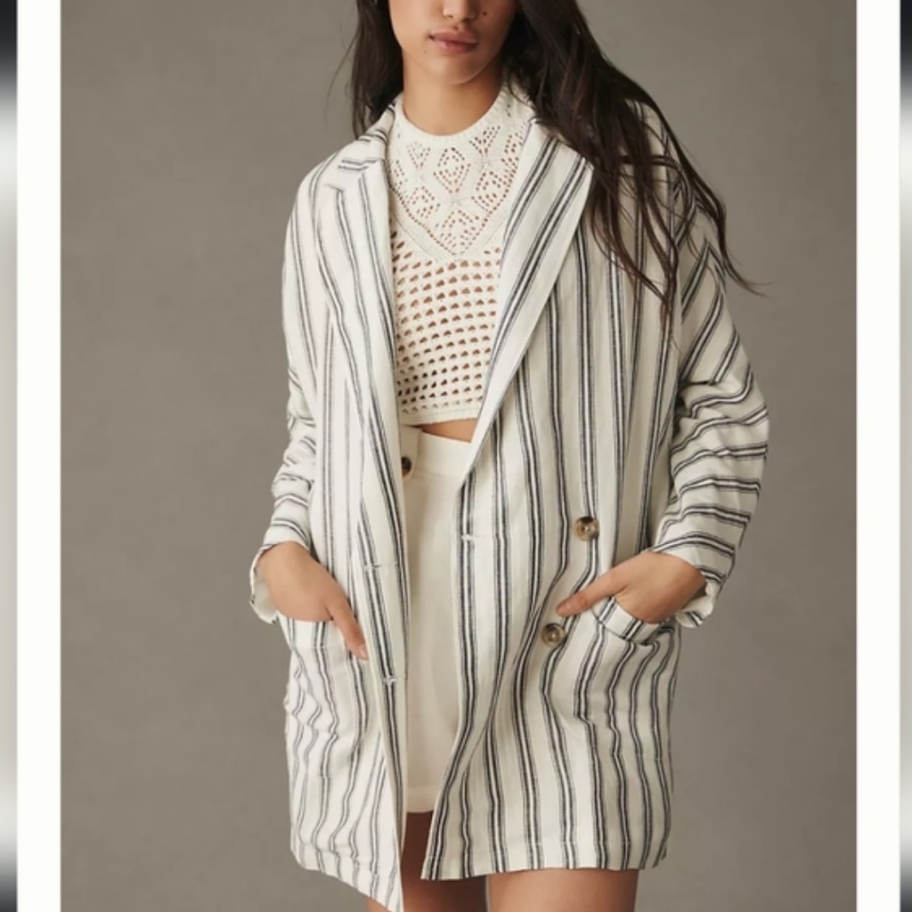 Anthropologie Pilcro Blue And White Striped Linen Blend Blazer Jacket Xl Nwt